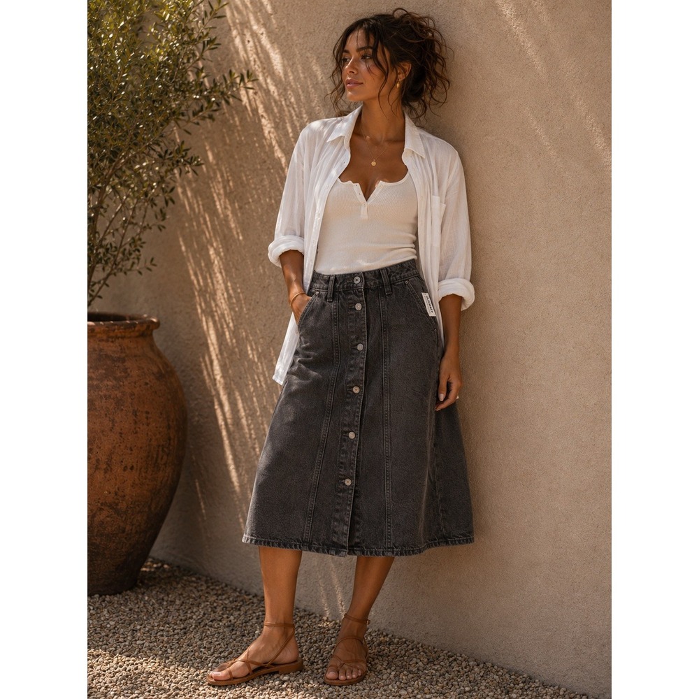 Old Navy Womens Black Denim Button Front High Rise Midi Skirt Size 0 584388-00-1